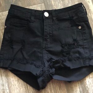 Frayed black denim shorts
